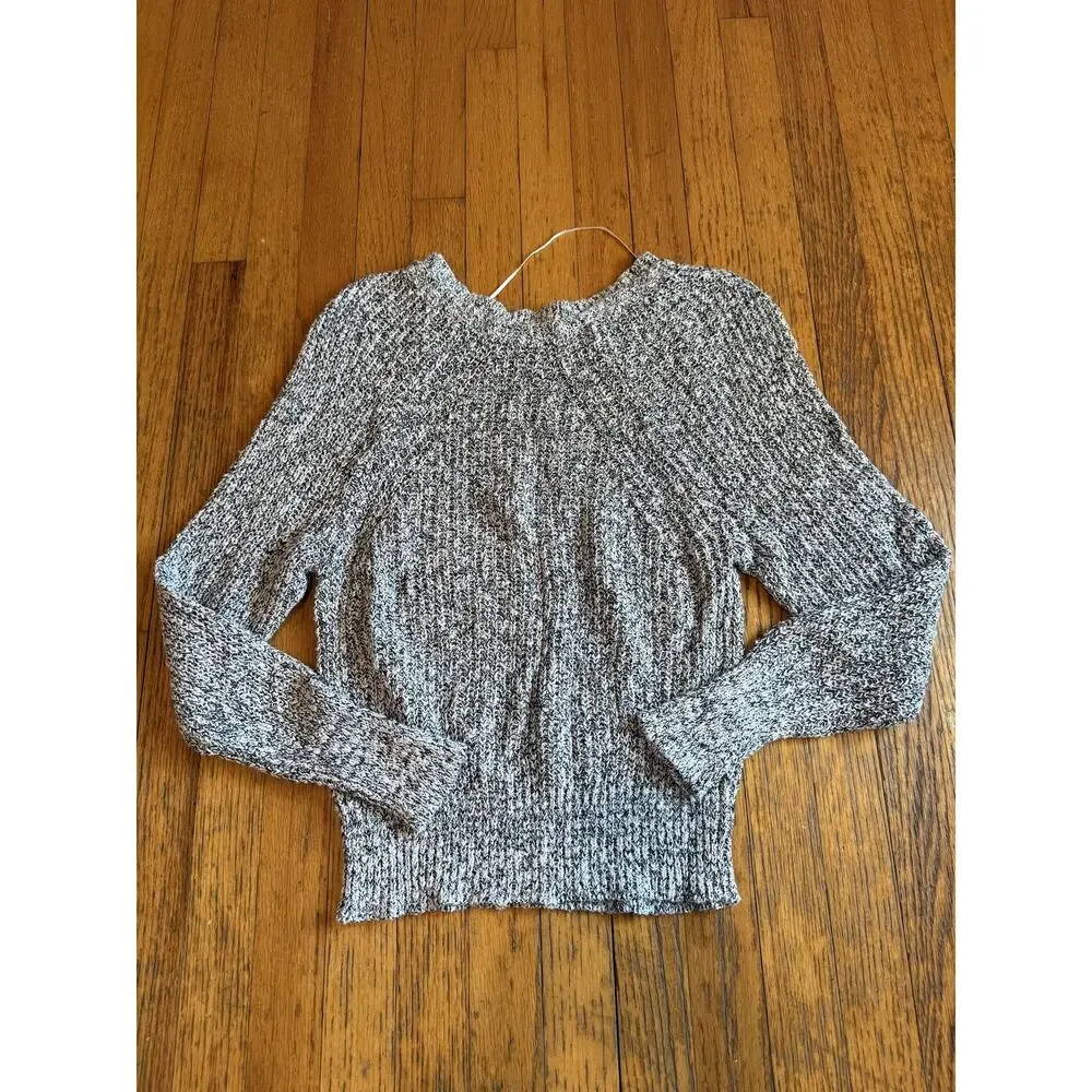 Free People Sweater Womens XSmall Black White Marled Ribbed Lettuce Hem Crewneck